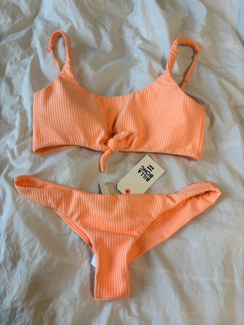 New Billabong Peach Ribbed Tie-Front  Bikini Set Under The Sun Skinny Coverage
